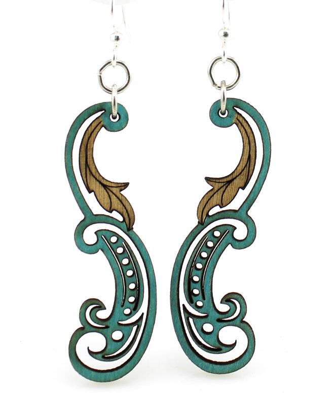 Paisley leaf boho earrings with curling motif, eco-friendly jewelry made in USA