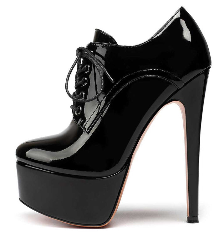 Patent Leather Lace-Up Boots Platform Short Boots Round Toe Ankle High Stiletto