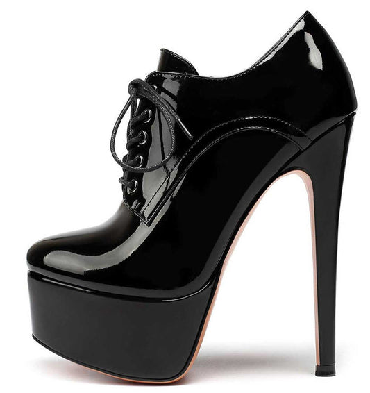 Patent Leather Lace-Up Boots Platform Short Boots Round Toe Ankle High Stiletto