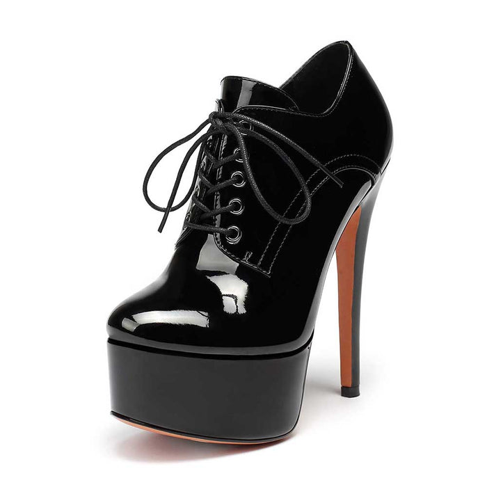 Patent Leather Lace-Up Boots Platform Short Boots Round Toe Ankle High Stiletto