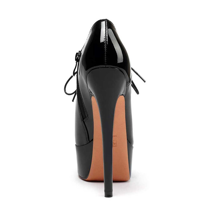 Patent Leather Lace-Up Boots Platform Short Boots Round Toe Ankle High Stiletto
