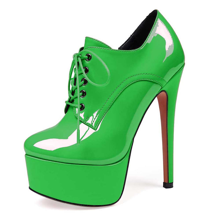 Patent Leather Lace-Up Boots Platform Short Boots Round Toe Ankle High Stiletto