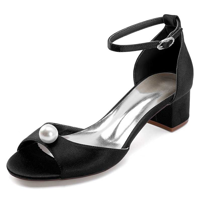 Elegant black pearl block heel wedding sandals with ankle strap and a stylish pearl detail