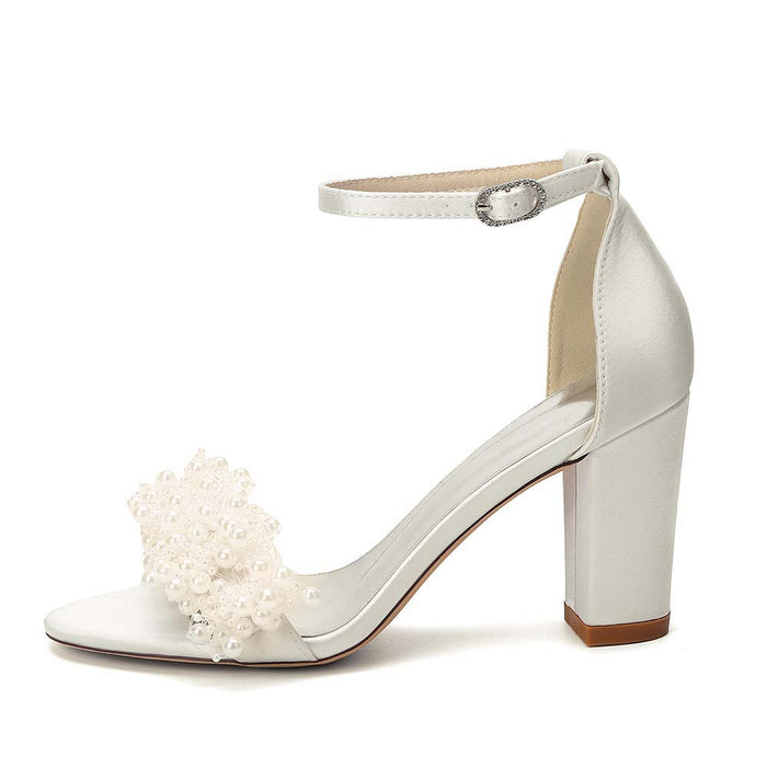 Pearl Embellished Ankle Strap Chunky Heel Bridal Sandals | Satin Wedding Shoes