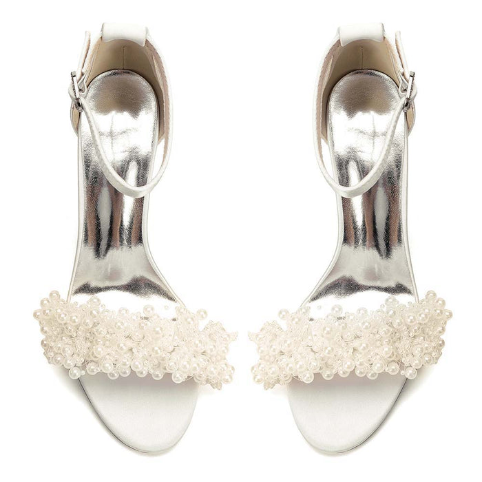 Pearl Embellished Ankle Strap Chunky Heel Bridal Sandals | Satin Wedding Shoes