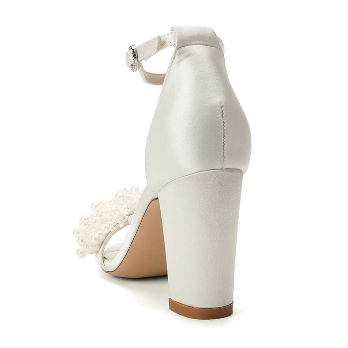 Pearl Embellished Ankle Strap Chunky Heel Bridal Sandals | Satin Wedding Shoes