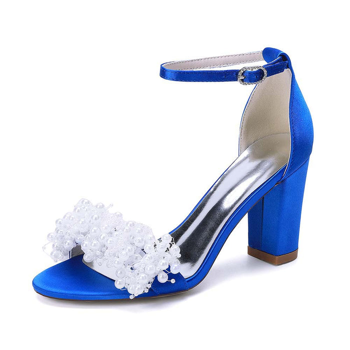 Pearl Embellished Ankle Strap Chunky Heel Bridal Sandals | Satin Wedding Shoes