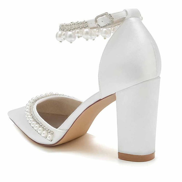 Elegant pearl embellished satin high heels with a block heel and ankle strap design