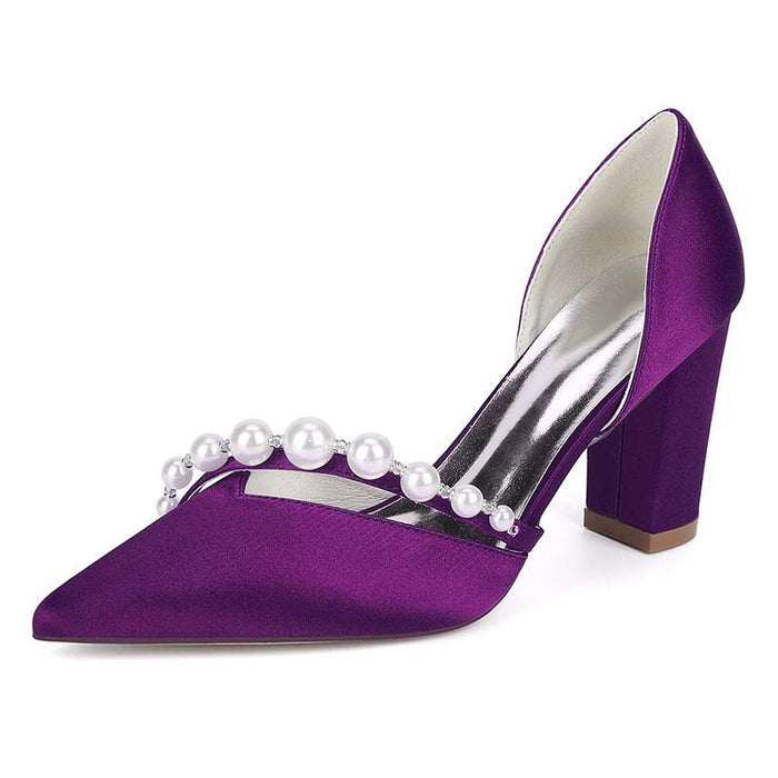 Purple high-heeled shoe with pearl embellishments
