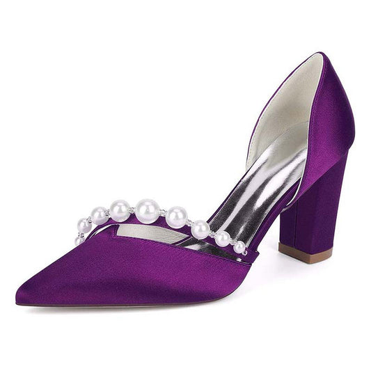 Purple high-heeled shoe with pearl embellishments