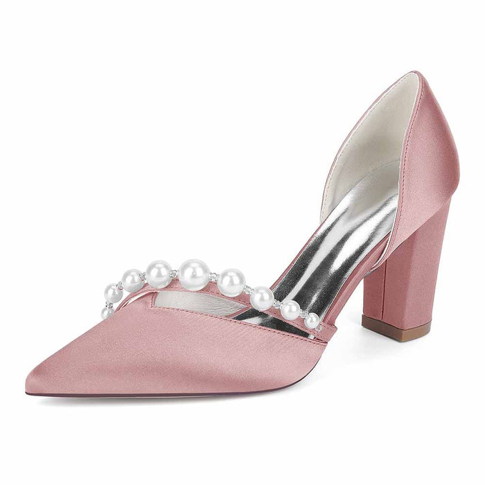 S&DCo. pink heels with pearl strap for elegant wedding shoes, perfect for brides and special occasions