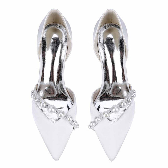 Elegant pearl strap wedding shoes by S&DCo. with sleek pointed toe and shining silver accents