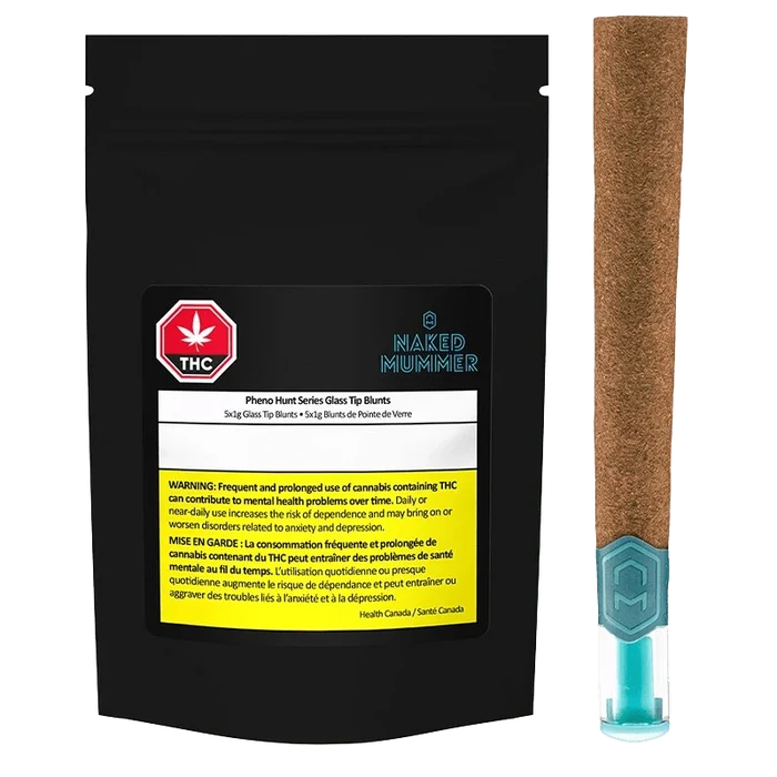 Pheno Hunt Series Glass Tip Blunts Pre Rolled 5 x 1 g packaging is displayed in a close-up, with a dark background and a red warning label.