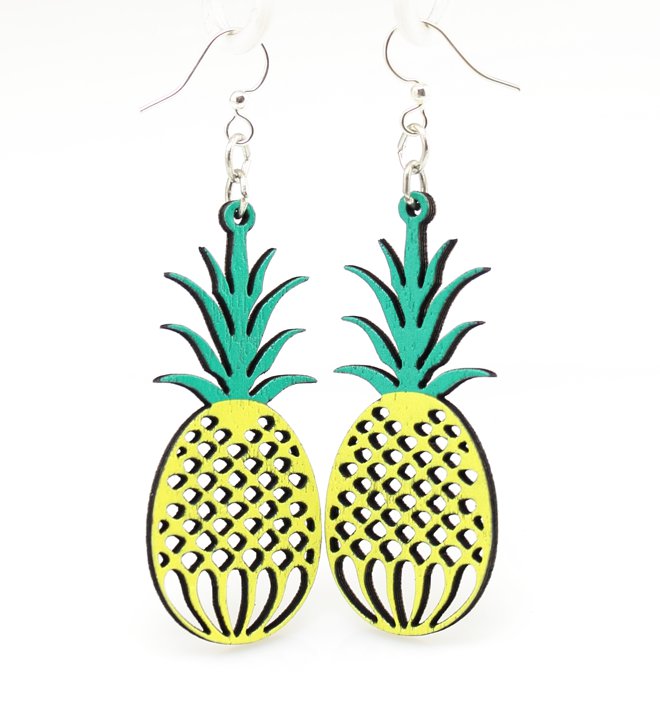Pineapple earrings with crosshatch body and leafy crown, eco-friendly jewelry made in USA
