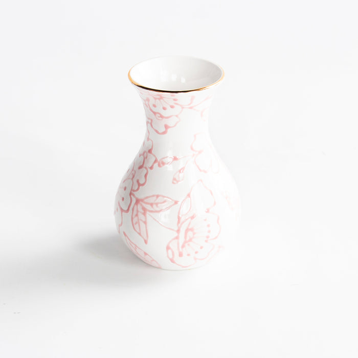 Pink Blossom Chinoiserie Emilene Stoneware Vase — White Emilene vase with Pink Blossom Chinoiserie painting; Susan Gordon Pottery