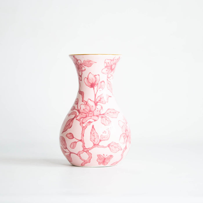Pink Blossom Chinoiserie Emilene Stoneware Vase — Peony Emilene vase with Pink Blossom Chinoiserie painting; Susan Gordon Pottery