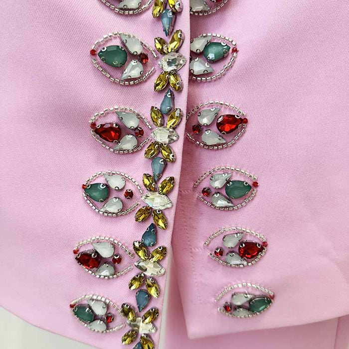 Pink Embellished Beaded Pantsuit Middle Length Coat and Pants Set