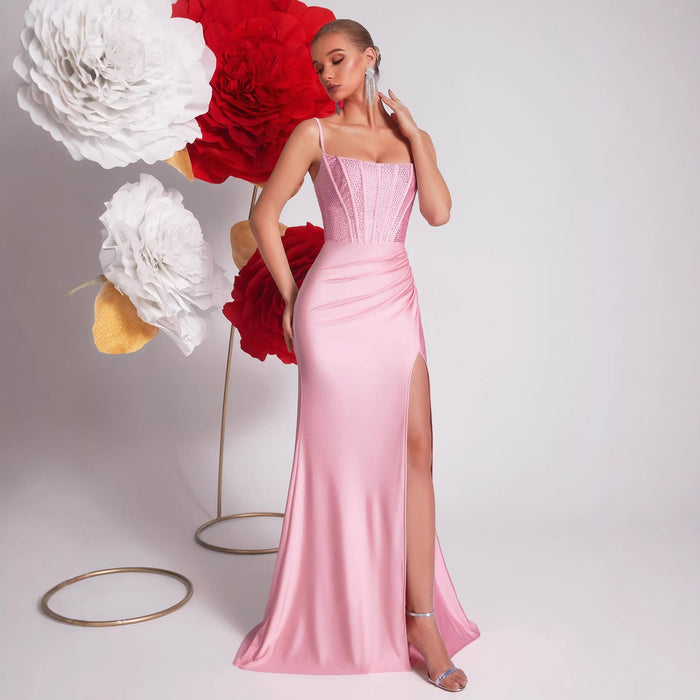 Pink Evening Gown – Crystal Appliques High Slit Mermaid Dress for Formal Events & Prom