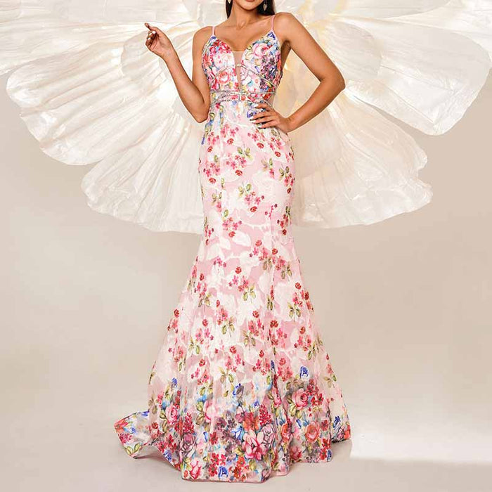 Pink Floral Spaghetti Strap Prom Dress Mermaid Wrap Ball Gowns Long Maxi Dress