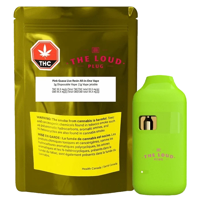 Close-up of the Pink Guava Live Resin All-in-one Disposable Vape against a dark background with a warning label.