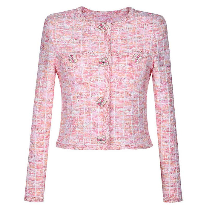 Pink Knit Top Short Skirt Suit Button-Up Cardigan Jacket + Mini Skirt Set