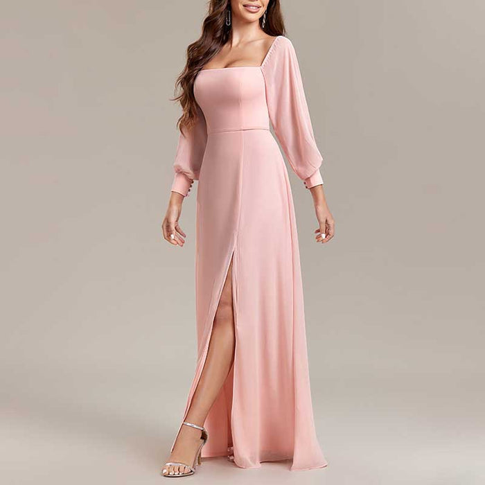 Pink Long Prom Dress Off The Shoulder Evening Dress Chiffon Bridesmaid Dress