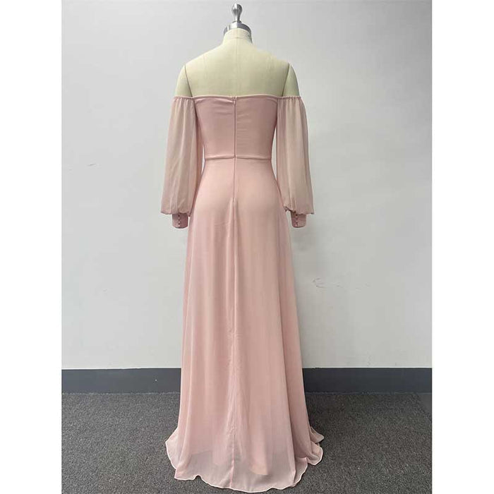 Pink Long Prom Dress Off The Shoulder Evening Dress Chiffon Bridesmaid Dress