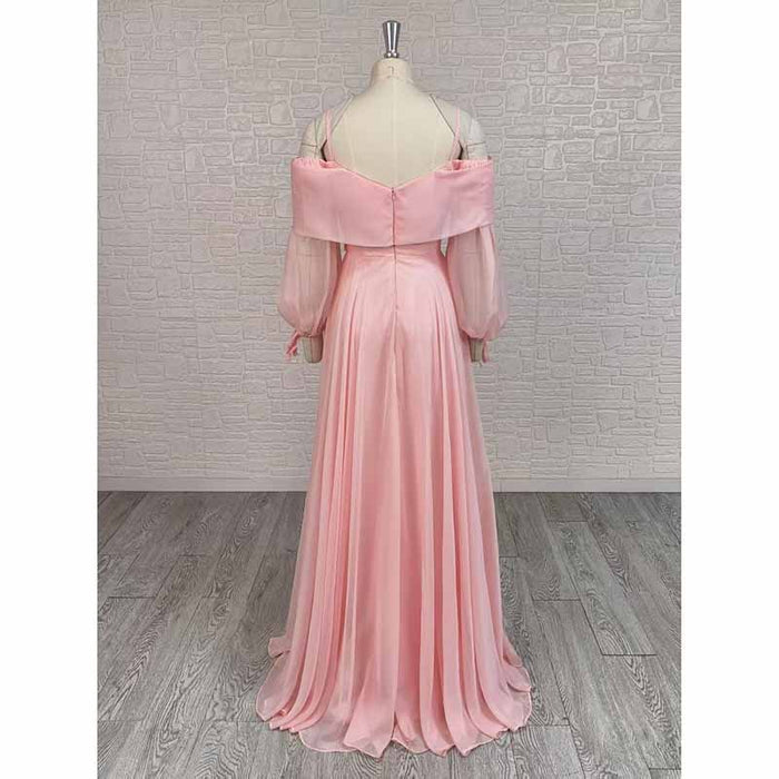 Pink Off Shoulder Long Sleeve A-Line Prom Dress with High Split | Custom Formal Gown
