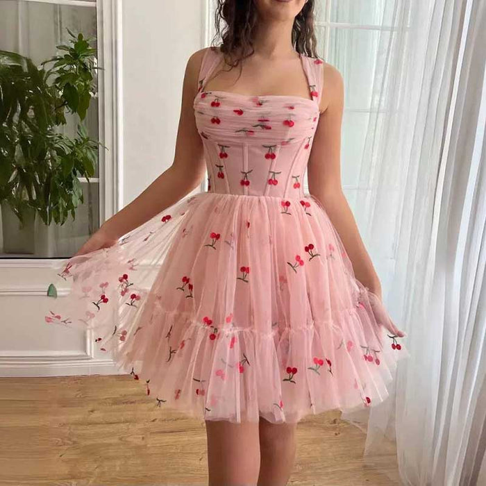 Pink Tulle Homecoming Dress Square-Neck Cute Prom Dress