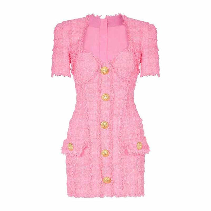 Pink Tweed Mini Dress with 7-Buttons