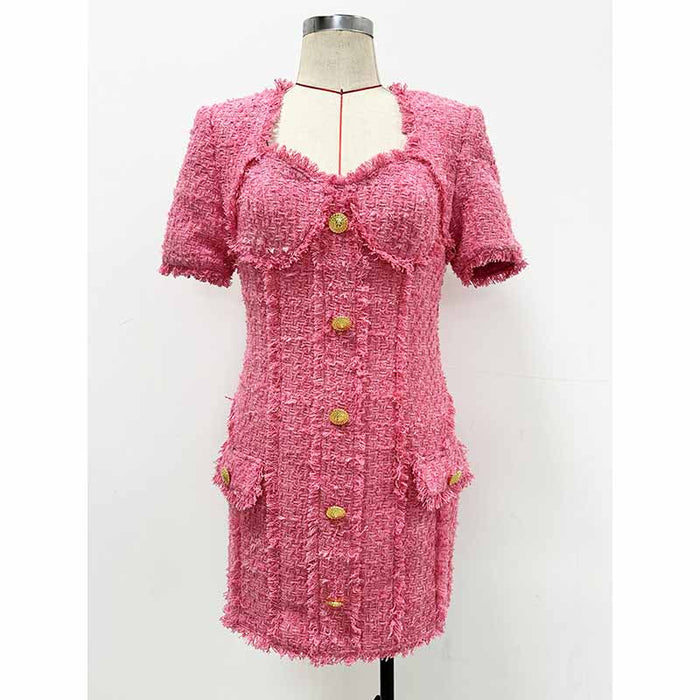 Pink Tweed Mini Dress with 7-Buttons