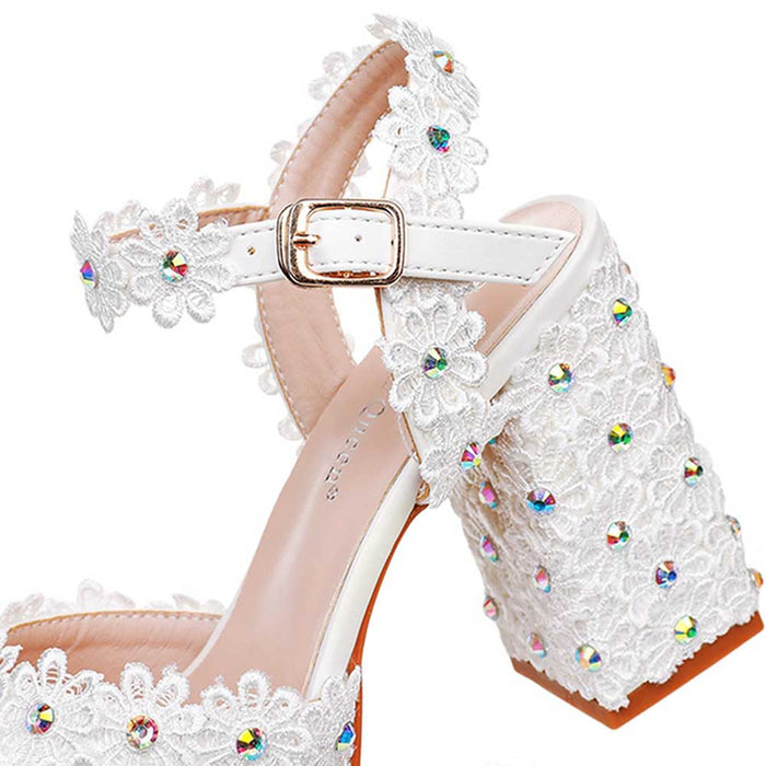 Platform Wedding Shoes Flower Appliqued Block Heeled Bridal Shoes Event Sandals