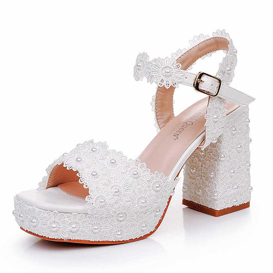 Platform Wedding Shoes Flower Appliqued Block Heeled Bridal Shoes Prom Heels