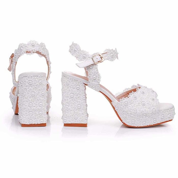 Platform Wedding Shoes Flower Appliqued Block Heeled Bridal Shoes Prom Heels