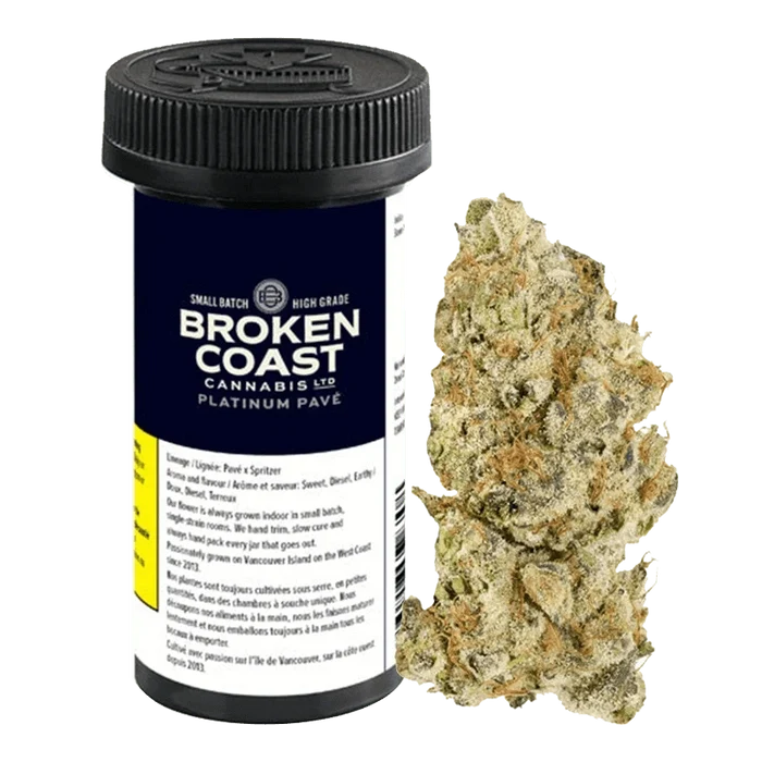 Front-facing shot of the Broken Coast Cannabis Ltd Platinum Pave jar with its navy label beside a frosty, light-green cannabis bud.