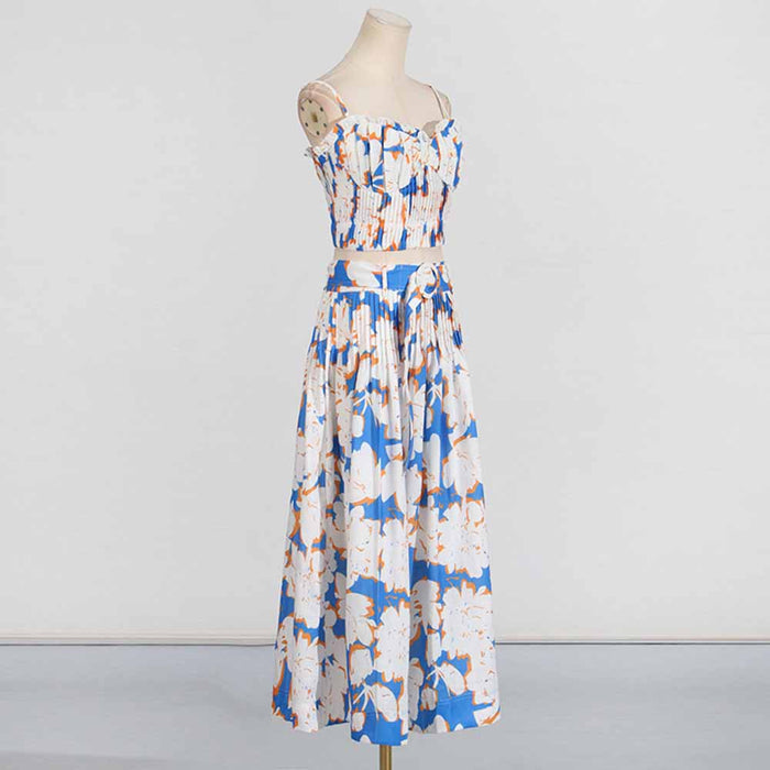Pleated Floral-Print Bustier Top Midi Skirt Suit