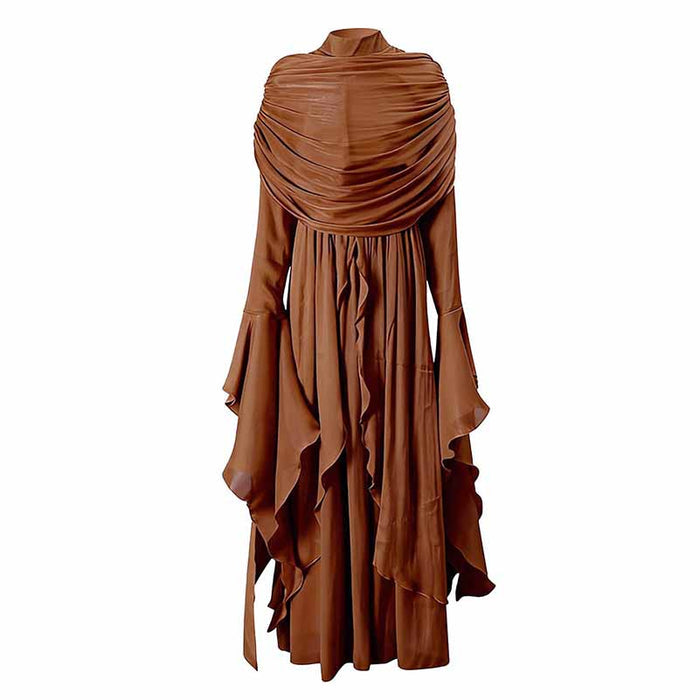 Pleated Maxi Dress with Ruffle Hem – Elegant Flare Sleeve & Flowy Sash