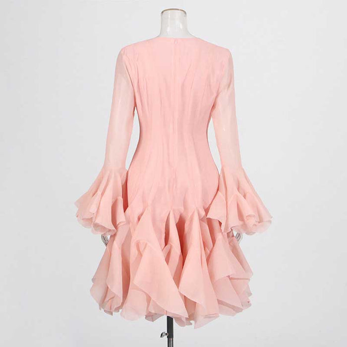 Pleated Mockneck Ruffles Midi Dress Lotus Sleeves