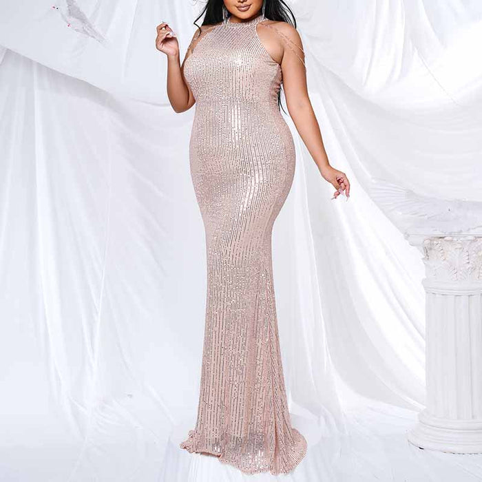 Plus Size Gold Sequin Bridesmaid Halter Dress Mermaid Long Prom Ball Gown