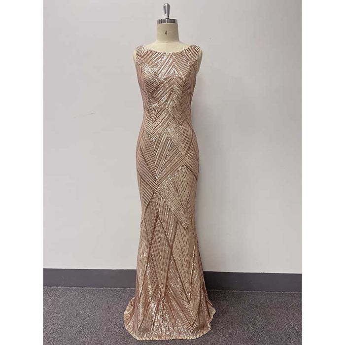 Plus Size Sequin Mermaid Prom Dress Gold Round-Neck A-Line Event Dress