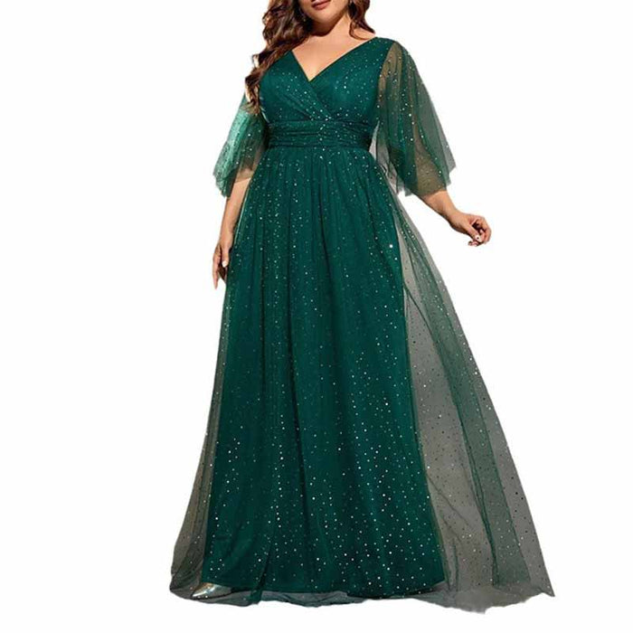 Plus Size Shiny Prom Dress Emerald Green Event Dress Half Sleeve A-Line Ball Gown