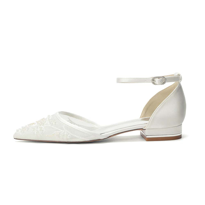 Pointed Toe Ankle Strap Flat Lace Wedding Shoes For Bride