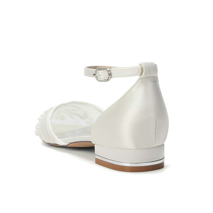 Pointed Toe Ankle Strap Flat Lace Wedding Shoes For Bride