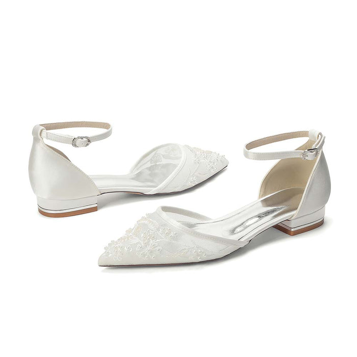 Pointed Toe Ankle Strap Flat Lace Wedding Shoes For Bride