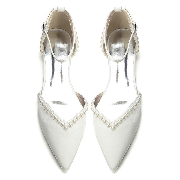 Pointed Toe Ankle Strap Flat With Pearls Wedding Shoes For Bride