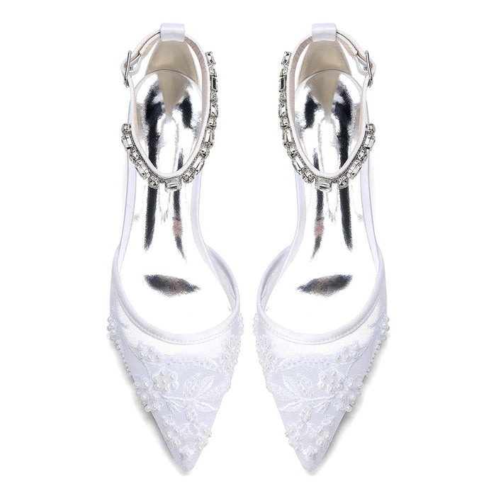 Pointed Toe Ankle Strap Lace Flats For Wedding With Rhinestones
