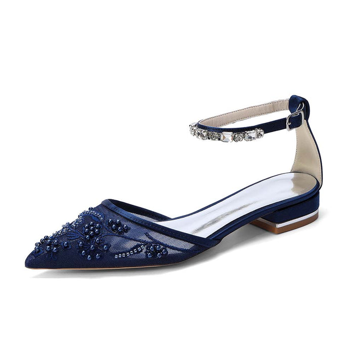 Pointed Toe Ankle Strap Lace Flats For Wedding With Rhinestones