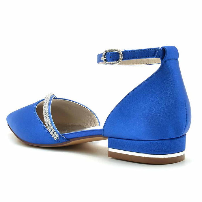 Blue S&DCo. pointed toe satin bridal flats with ankle strap and sparkling embellishments