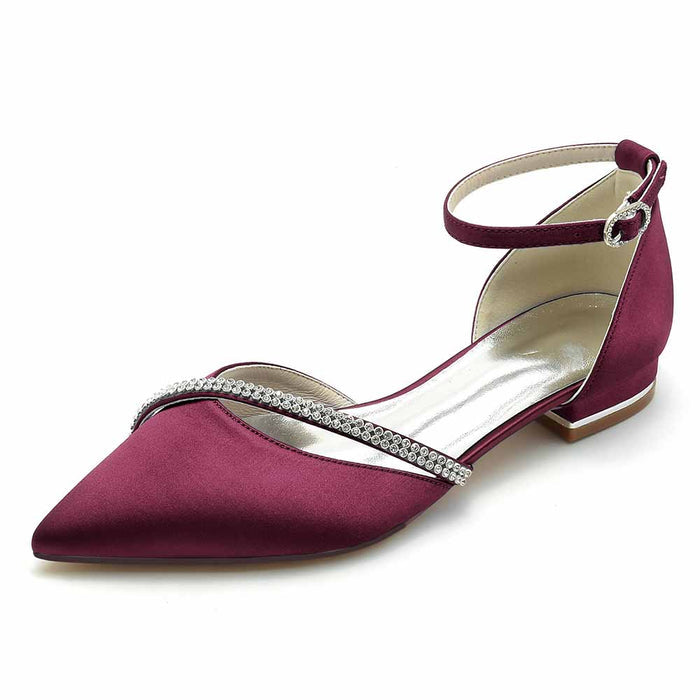 Burgundy pointed toe satin bridal flats with sparkling ankle strap detail for elegant wedding footwear
