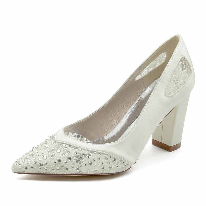 Elegant pointed toe satin wedding shoes by S&DCo with rhinestone embellishments